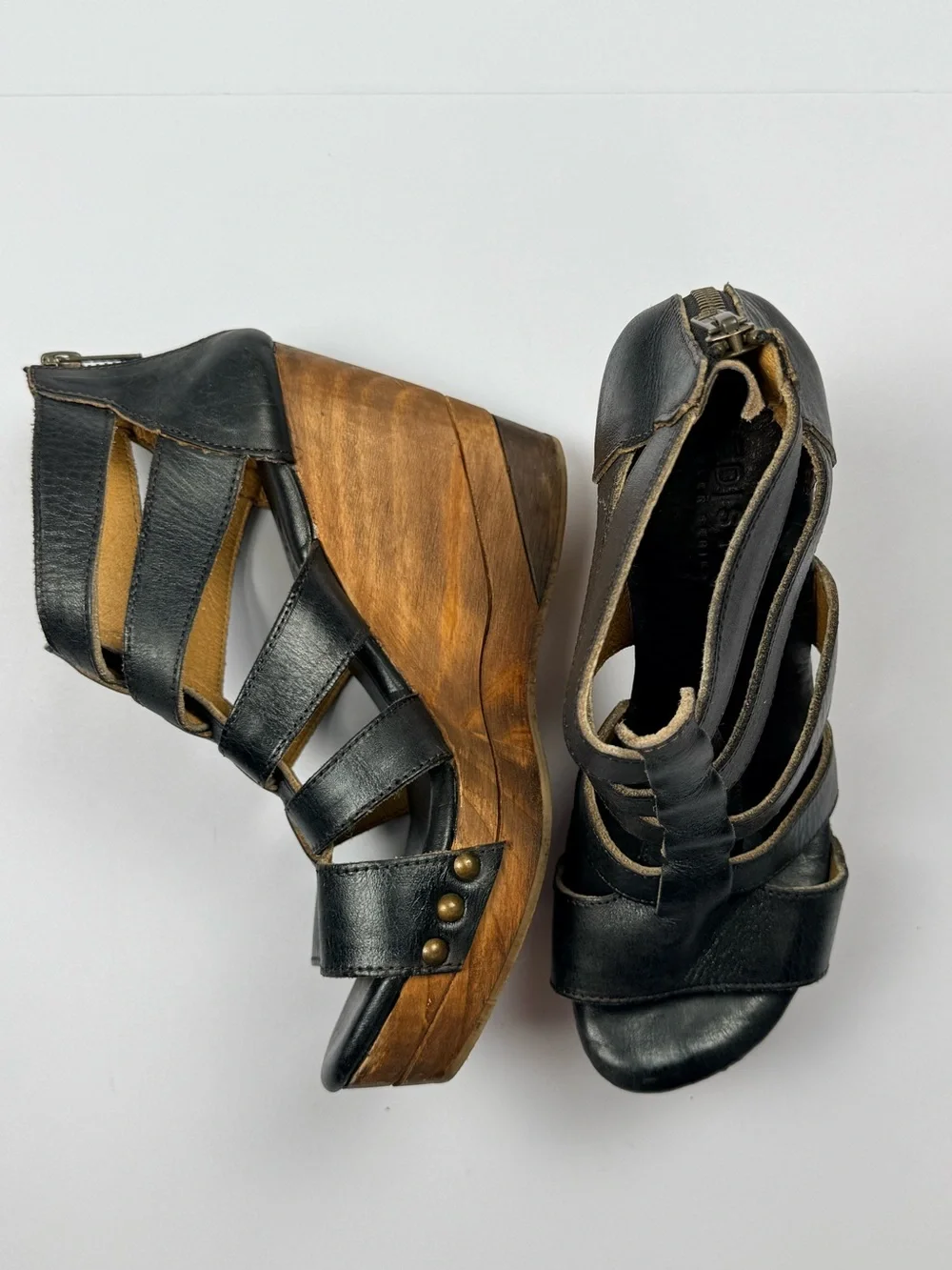 Bed|Stu Black Leather Platform Sandals Wooden Heel Gladiator Size 7 Made Mexico